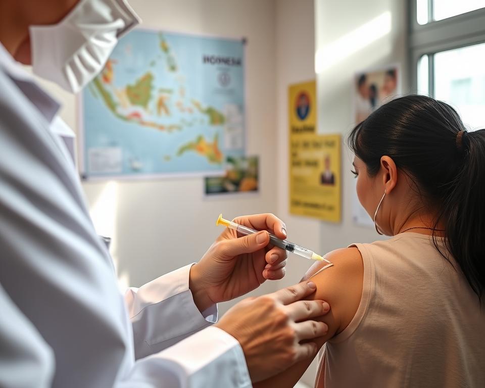 A health professional in a white coat administers a yellow fever vaccination to a patient in a clean, well-lit clinic setting. The foreground features a close-up of the vaccination process, with a syringe in the professional's hand, focusing on the patient's arm, showcasing a bandage being applied. In the middle ground, a colorful map of Indonesia hangs on the wall, depicting tropical landscapes and flora. The background includes medical posters about immunizations, softly illuminated by natural light streaming through a window, creating an inviting atmosphere. The scene conveys a sense of urgency and importance regarding vaccinations, reflecting the growing awareness of travel health in tropical regions.