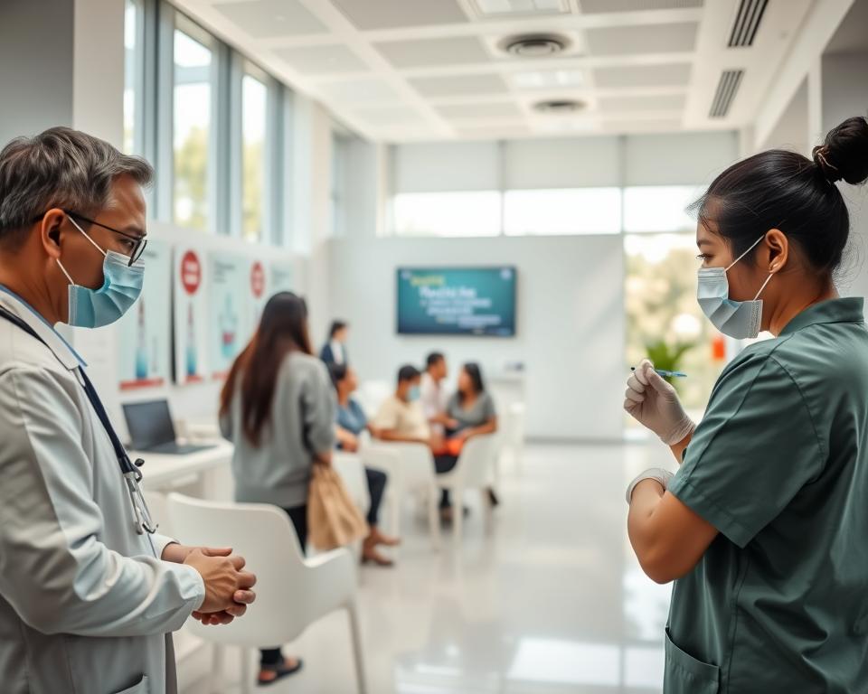 A healthcare scene in Indonesia, featuring a modern clinic interior. In the foreground, there are healthcare professionals in professional attire: a doctor examining a patient, and a nurse preparing vaccinations, both wearing masks. The middle ground showcases a consultation area with informative posters about vaccines on the walls, a waiting area with people of diverse backgrounds, and a digital display showing health tips. In the background, large windows allow natural light to pour in, illuminating the space. The atmosphere is warm and inviting, creating a sense of care and professionalism. Use soft, bright lighting to enhance the clean, hygienic look of the clinic. The angle is slightly elevated, providing a comprehensive view of the bustling healthcare environment.