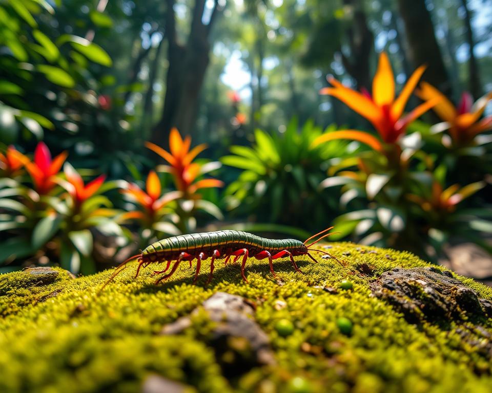 A highly detailed and realistic image of a centipede (Skolopender) on a mossy rock in a tropical Balinese forest. In the foreground, the centipede is vividly colored with striking greens and reds, displaying its many legs in a dynamic pose. The middle ground features lush, vibrant foliage with dappled sunlight filtering through the leaves, creating an atmosphere of natural beauty. In the background, soft-focused exotic plants and trees enhance the tropical ambiance, while gentle light enhances the texture of the centipede’s body and the surrounding terrain. The overall mood is intriguing yet slightly ominous, reflecting the creature's reputation as a painful crawler. The perspective is low to the ground, emphasizing the centipede in its natural habitat, with a depth of field that draws the viewer's focus to the insect. A highly detailed and realistic image of a centipede (Skolopender) on a mossy rock in a tropical Balinese forest. In the foreground, the centipede is vividly colored with striking greens and reds, displaying its many legs in a dynamic pose. The middle ground features lush, vibrant foliage with dappled sunlight filtering through the leaves, creating an atmosphere of natural beauty. In the background, soft-focused exotic plants and trees enhance the tropical ambiance, while gentle light enhances the texture of the centipede’s body and the surrounding terrain. The overall mood is intriguing yet slightly ominous, reflecting the creature's reputation as a painful crawler. The perspective is low to the ground, emphasizing the centipede in its natural habitat, with a depth of field that draws the viewer's focus to the insect.