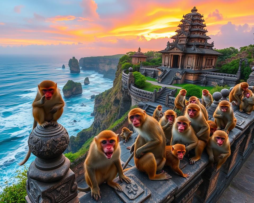 A lively scene at the Uluwatu Temple in Bali, showcasing playful monkeys in the foreground with expressions of curiosity and mischief. The monkeys are interacting with their surroundings, some perched on ancient stone balustrades, while others are playfully tussling or exploring the temple steps. In the middle ground, the iconic Uluwatu Temple stands majestically, its intricate Balinese architecture adorned with traditional carvings and surrounded by lush greenery. The background reveals a stunning ocean view, with crashing waves against rocky cliffs under a vibrant sunset sky filled with warm orange and pink hues. The atmosphere is vibrant and lively, conveying the playful spirit of the monkeys while emphasizing the beauty and cultural significance of the Uluwatu Temple. Natural lighting enhances the scene, creating a warm and inviting feel, captured from a slightly elevated angle to provide a comprehensive view of the temple and its playful inhabitants.