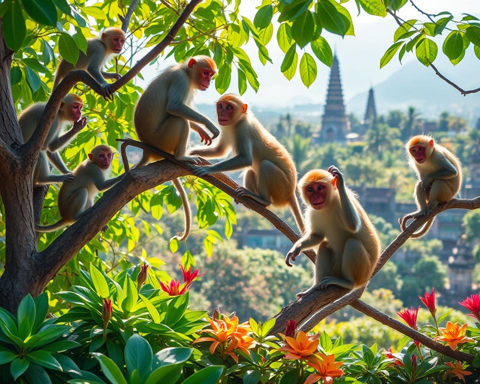 A lively scene depicting monkeys in Bali, showcasing their playful nature and intriguing expressions. In the foreground, a group of macaques interacts, climbing on tree branches and playfully engaging with each other, with soft sunlight illuminating their fur, creating a warm and inviting atmosphere. The middle ground features lush tropical foliage, with vibrant green leaves and colorful flowers typical of Bali's landscape. In the background, glimpses of traditional Balinese temples and distant mountains are visible, shrouded in a gentle mist. The overall composition should convey a sense of wonder and beauty, highlighting both the charm and potential mischievousness of these fascinating creatures in their natural habitat. The scene is bright and sunny, enhancing the colors and details, captured at a slight upward angle to emphasize the monkeys' interactions.