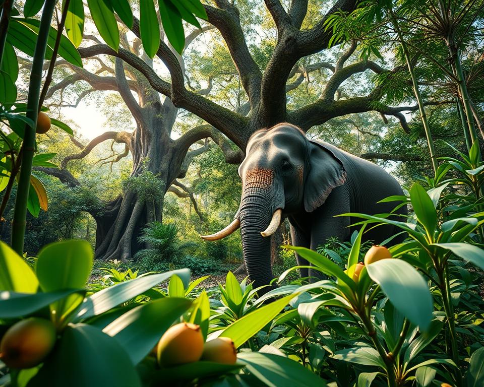 A lush Sumatra rainforest scene depicting the diverse food sources for elephants, with a focus on vibrant, edible plants. In the foreground, illustrate a variety of large green leaves, fruits, and bamboo stalks, showcasing the rich biodiversity. In the middle ground, include a majestic Asian elephant grazing calmly, its trunk delicately reaching for foliage, embodying the peaceful daily life in the rainforest. In the background, feature thick canopies of ancient trees, dappled sunlight filtering through the leaves, creating a warm, inviting atmosphere. Use soft, natural lighting to enhance the serene mood, and capture the scene from a low angle, emphasizing the scale of the elephant compared to the towering trees surrounding it.