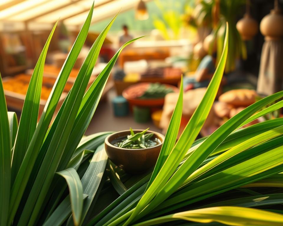 A lush arrangement of vibrant green pandan leaves, showcasing their unique long, slender shape and rich texture as the foreground element. In the middle ground, include a small bowl filled with pandan extract and scattered pandan leaves, enhancing the natural essence. The background features a soft-focus depiction of an Asian market, bustling with freshness, hinting at culinary use. The scene is illuminated with warm, natural lighting, simulating the golden hour glow, creating an inviting and refreshing atmosphere. Use a slight overhead angle to emphasize the brilliance of the green leaves against the earthy tones of the bowl. Aim for a serene and healthful mood, symbolizing the nutritional qualities of pandan leaves.