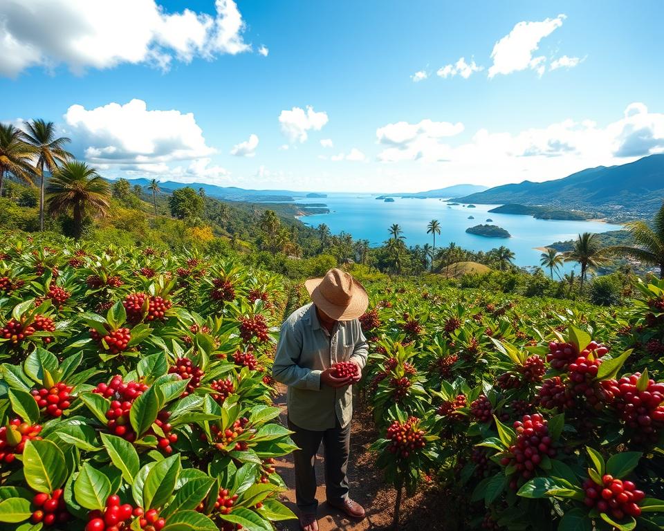 A lush coffee plantation in the Lake Toba region of Sumatra, featuring rows of vibrant green coffee plants laden with ripe red coffee cherries. In the foreground, a local farmer in modest casual clothing tenders to the plants, carefully picking cherries, showcasing the cultivation process. The middle ground captures an array of tropical foliage and the rolling hills of the region, dotted with palm trees and an array of lush vegetation. In the background, the stunning Lake Toba glistens under a bright blue sky with fluffy white clouds, framed by majestic mountains. The scene is illuminated by warm, natural sunlight, casting gentle shadows and creating an inviting, serene atmosphere, evoking a sense of harmony with nature and the coffee-growing tradition of this unique landscape. Use a wide-angle lens to capture the expansive beauty of the region.