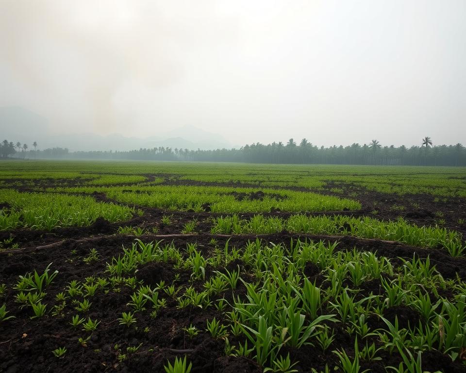 A lush, dense Indonesian peatland is depicted in the foreground, showcasing rich, dark soil and vibrant green grasses interspersed with delicate, low-lying plants. In the middle ground, a menacing haze blankets the landscape, hinting at ongoing fires and the impact of emissions, with smoke curling upwards into the air. The background features a distant palm oil plantation, rows of palm trees appearing stark against the smoky skyline. Soft, diffused lighting casts a gloomy atmosphere, capturing both the beauty and the environmental challenges of this unique ecosystem. The angle is slightly elevated, providing a broad perspective of the affected area, emphasizing the contrast between untouched peatlands and the encroaching plantations. The overall mood is one of urgency and concern, highlighting the climate impact of these ecosystems.