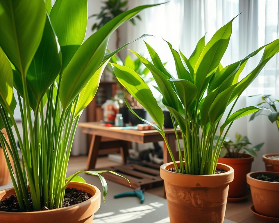 A lush indoor scene featuring vibrant pandan plants showcasing their broad, green, strap-like leaves, each displaying a glossy sheen under soft, diffused natural light. In the foreground, a pair of well-maintained pandan plants in terracotta pots, highlighting the rich soil and moisture retention layers. The middle ground includes a gardening workspace with tools such as pruning shears and fertilizer, set on a wooden table, while the background features a sunny window with soft drapes, allowing gentle rays to enhance the freshness of the scene. Capture an inviting atmosphere, suggesting growth and nurturing care, with a focus on the health and vibrancy of the pandan plants, exemplifying ideal conditions for cultivation in a temperate climate. Use a shallow depth of field to emphasize the plants while softly blurring the background.