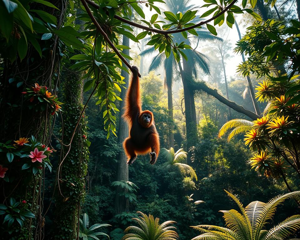 A lush rainforest in Sumatra, filled with vibrant flora and towering trees, forms the backdrop of the scene. In the foreground, a playful orangutan swings from branch to branch, showcasing its agility amidst thick vines and colorful flowers. The middle ground features a diverse array of wildlife, with a glimpse of exotic birds flitting between the leaves. The dappled sunlight filters through the canopy, creating patches of golden light on the forest floor, rich with undergrowth and ferns. The atmosphere conveys a sense of adventure and tranquility, inviting the viewer to explore this biodiverse paradise. The image is captured with a wide-angle lens, emphasizing the depth of the jungle, and is bathed in warm, natural lighting to evoke a sense of wonder and discovery.