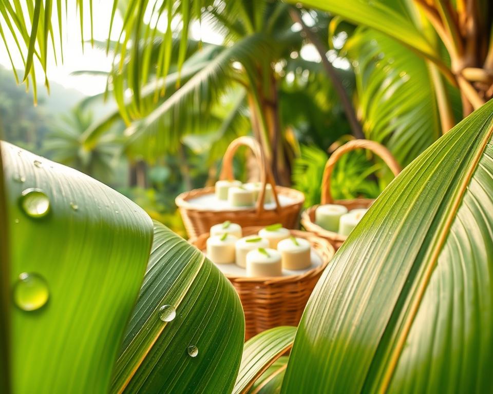 A lush, vibrant close-up of pandan leaves, showcasing their distinct glossy green texture and ribbed structure. In the foreground, droplets of water glisten on the broad leaves, indicating freshness. The middle ground features traditional woven baskets filled with fragrant pandan products like cakes and desserts, reflecting the cultural significance of pandan in culinary practices. In the background, a serene tropical landscape with soft sunlight filtering through other tropical foliage creates a warm and inviting atmosphere, hinting at the plant's natural habitat. The composition captures the essence of pandan leaves, evoking feelings of tradition and cultural heritage. Utilize soft, natural lighting to enhance the colors and details, and use a macro lens perspective to emphasize the intricate features of the leaves.