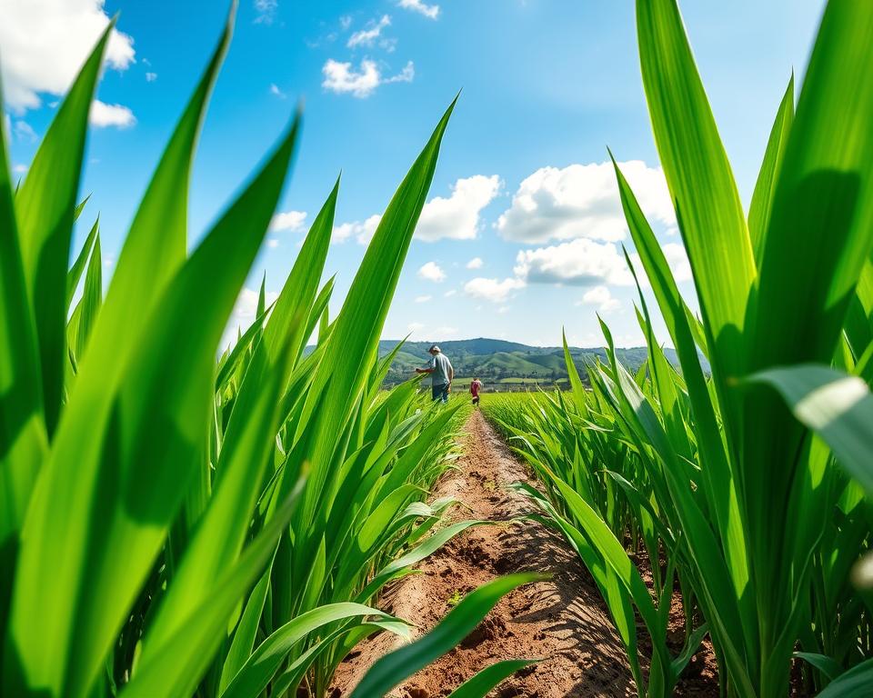 A lush, vibrant field of pandan leaves stretches out in the foreground, showcasing their deep green color and distinctive, elongated shape. In the middle ground, a small group of farmers in modest casual clothing tend to the plants, emphasizing sustainable farming practices. The background features a clear blue sky dotted with fluffy white clouds, alongside distant rolling hills that highlight the idyllic rural setting. Soft, warm sunlight filters through the leaves, casting gentle shadows on the soil, conveying a sense of harmony with nature. The overall atmosphere is calm and peaceful, capturing the essence of ecological sustainability in pandan cultivation. The scene is photographed with a shallow depth of field to emphasize the fresh leaves while maintaining a soft blur for the background, creating an inviting and nurturing environment.