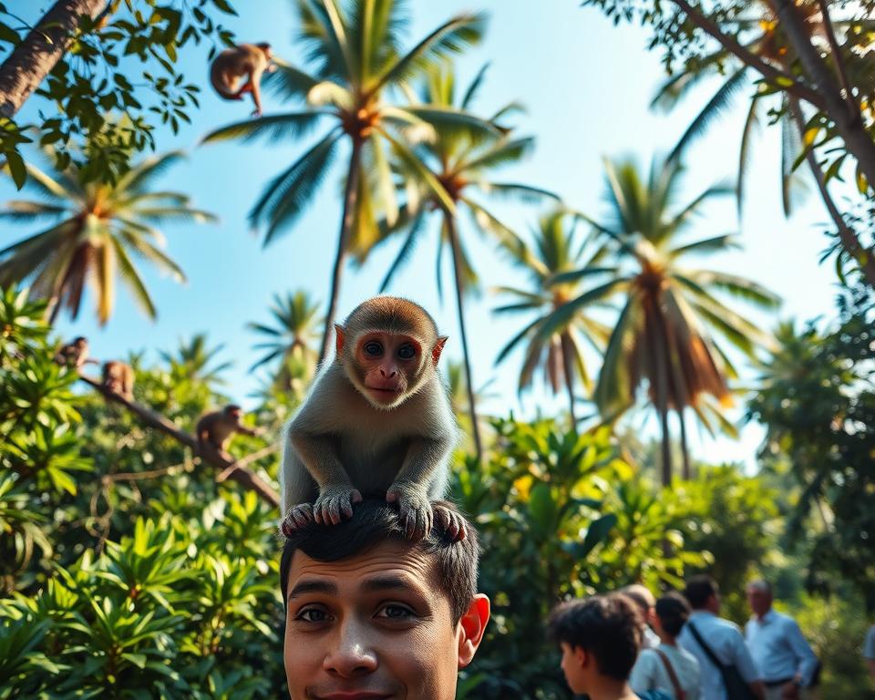 A lush, vibrant scene depicting the Sangeh Monkey Forest in Bali, featuring playful monkeys interacting with visitors in a natural setting. In the foreground, a curious macaque sits on a visitor's shoulder, its bright eyes sparkling with mischief. The middle ground is filled with dense, green foliage, with more monkeys playfully climbing trees and hopping across branches. The background reveals towering palm trees against a clear, blue sky, with soft sunlight filtering through the leaves, creating a warm, inviting atmosphere. The composition captures a sense of harmony between humans and wildlife, evoking joy and connection. The angle is slightly elevated to provide a dynamic view of the lively interaction, while maintaining a focus on the adorable monkeys in this enchanting tropical environment.