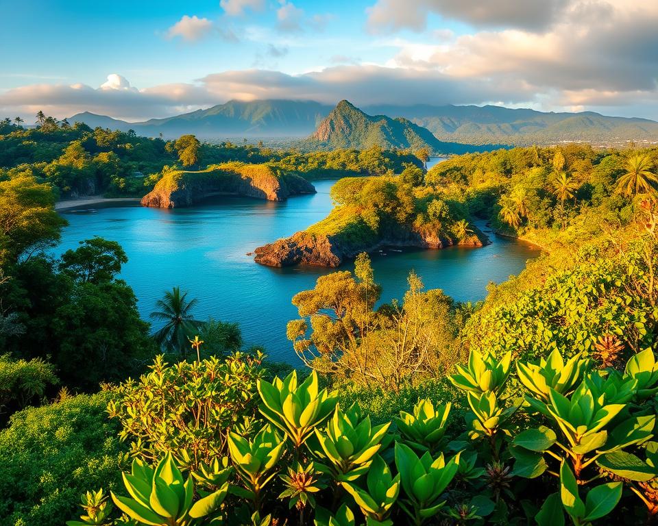 A lush, vibrant scene of Bali Barat Nationalpark featuring a diverse array of flora and fauna. In the foreground, showcase a crystal-clear blue lagoon surrounded by lush greenery and coral reefs, ideal for a serene atmosphere. In the middle ground, include a silhouette of Menjangan Island, with its rocky coastline and dense jungle. In the background, display a range of majestic, rocky mountains enveloped in mist, with lush, vibrant trees dotting the landscape. The lighting should be warm and golden, resembling a gentle sunset, casting soft shadows and highlighting the natural beauty of the park. The mood is tranquil and inviting, perfect for showcasing the unique natural reserve. The perspective should be slightly elevated, capturing the expansive beauty of Bali Barat Nationalpark from a scenic viewpoint.