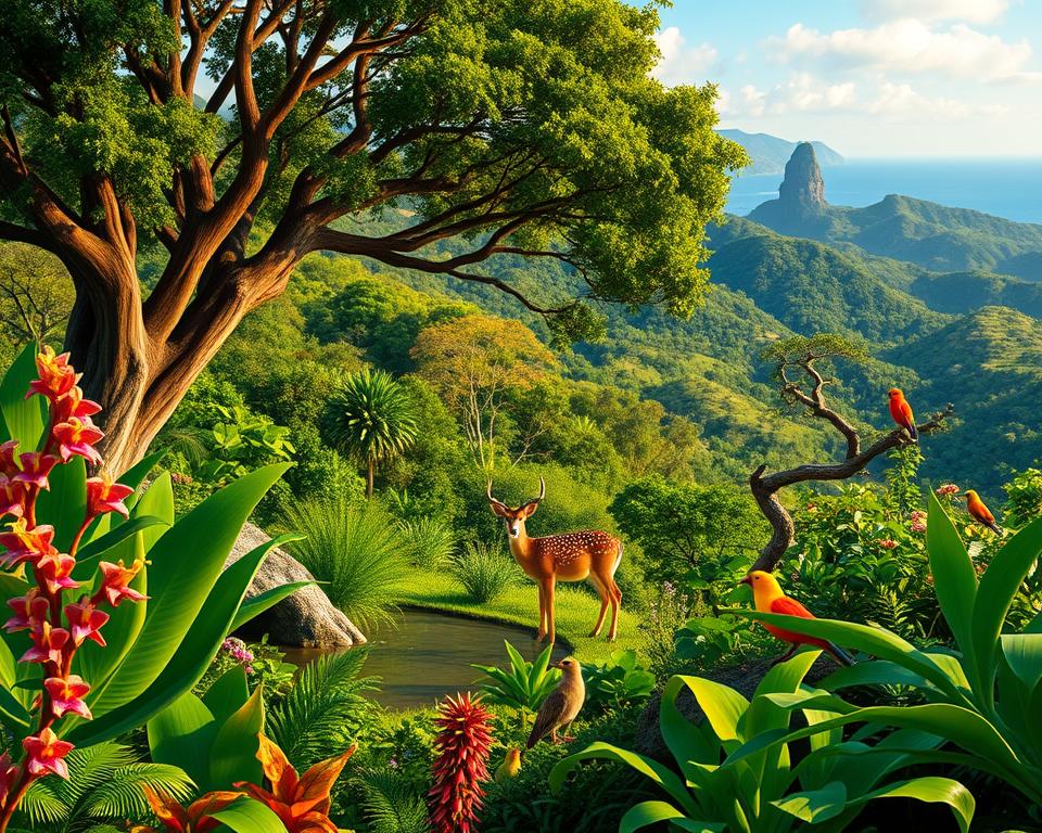 A lush, vibrant scene showcasing the diverse flora and fauna of Bali Barat National Park. In the foreground, depict a variety of tropical plants such as colorful orchids and ferns, with a majestic Banyan tree providing shade. In the middle ground, showcase native wildlife, including a spotted deer sipping water, and exotic birds perched among the branches, their plumage bright against the green backdrop. In the background, illustrate rolling hills shaded by dense forest, with a hint of the ocean peeking through the trees under a clear blue sky. The lighting should be warm and natural, suggesting late afternoon warmth, creating a tranquil and inviting atmosphere that reflects the rich biodiversity of the park. No captions or text overlays.