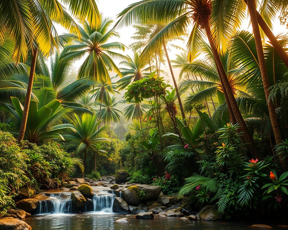 A lush, vibrant tropical rainforest scene in Indonesia, showcasing a diverse array of tall, emerald-green palm trees, intertwined with rich undergrowth and colorful flowering plants. In the foreground, a small waterfall cascades over smooth stones, reflecting the dappled sunlight filtering through the dense canopy above. The middle ground reveals a rich tapestry of vegetation, including ferns and vines, with bright birds and butterflies fluttering among the branches. The background features misty hills outlined by the soft glow of dawn, creating a serene and tranquil atmosphere. Capture this scene with warm, golden lighting to evoke a sense of peace and natural beauty, using a wide-angle lens to emphasize the depth and grandeur of the rainforest.
