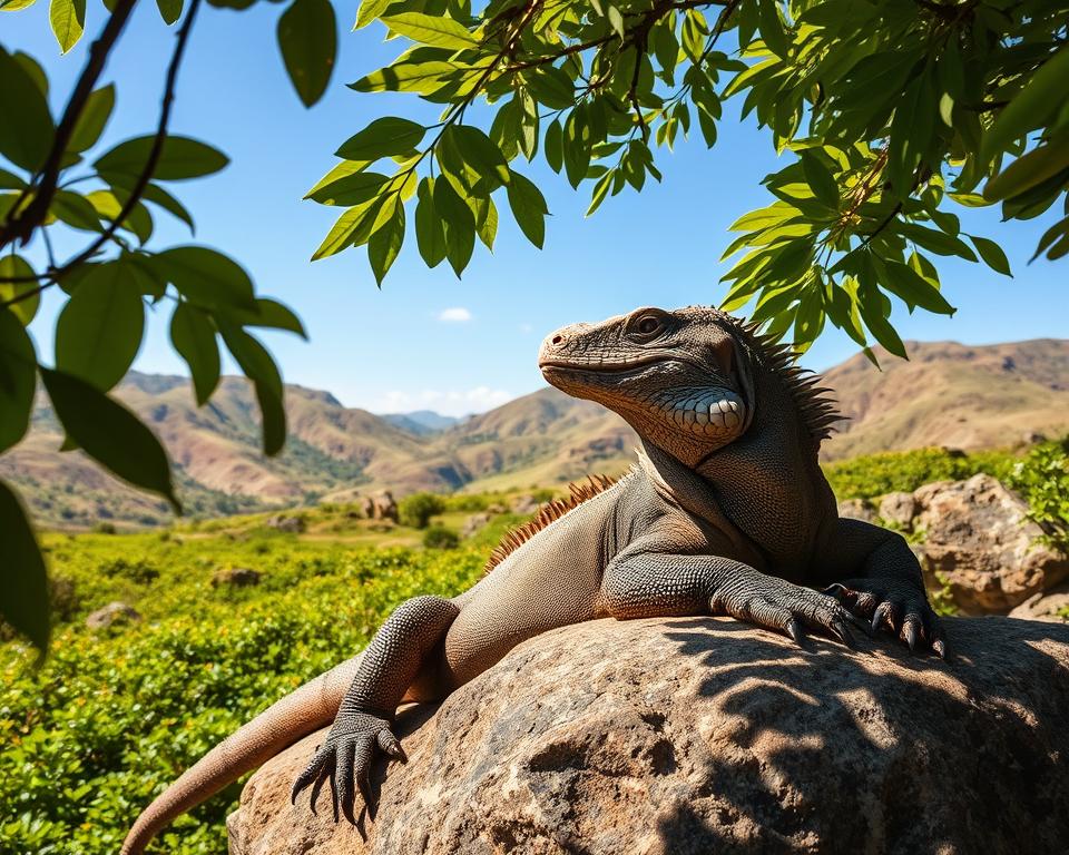 A majestic Komodo dragon resting on a rocky outcrop in the lush Loh Liang Komodo National Park. In the foreground, the large reptile exhibits its distinctive features, such as textured skin and sharp claws, basking in the warm sunlight. The middle ground captures vibrant green foliage and rugged terrain, emphasizing the natural habitat of this fascinating creature. In the background, gentle hills and a clear blue sky enhance the serene atmosphere. Soft, dappled lighting filters through the leaves, creating interesting shadows. The scene conveys a sense of tranquility and the untamed beauty of the Komodo National Park, inviting viewers to appreciate the unique wildlife found in this remarkable ecosystem.