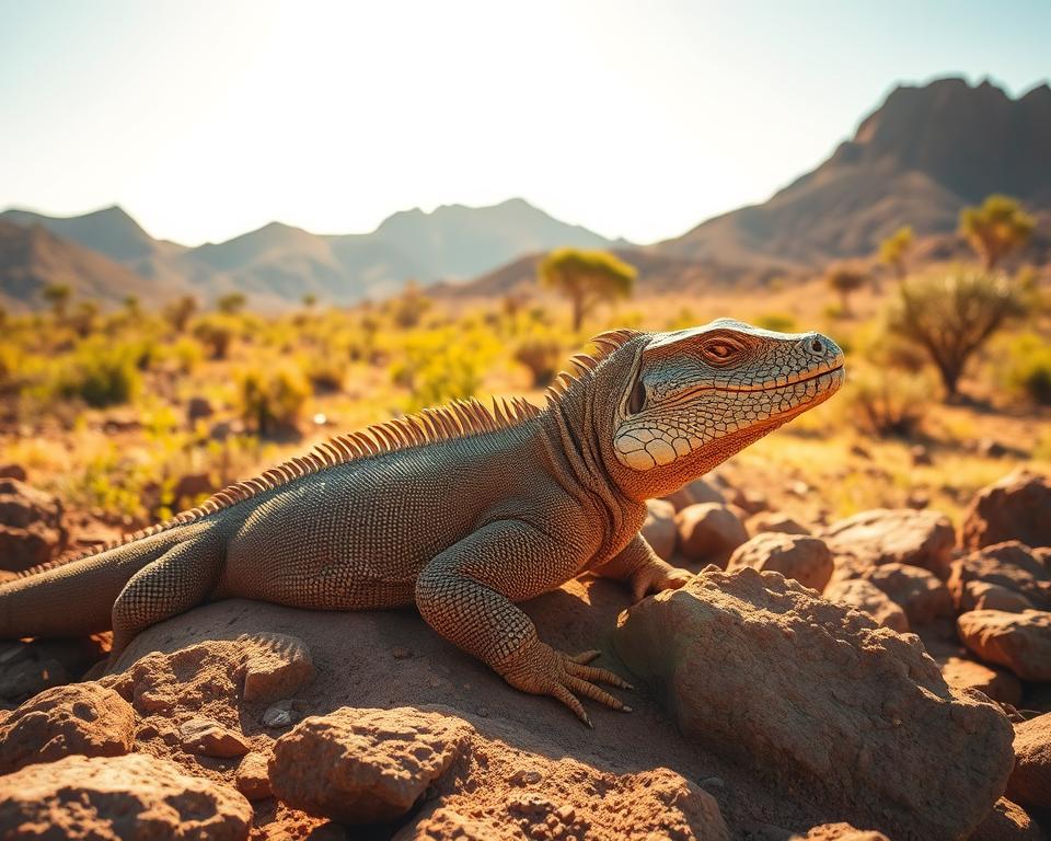 A majestic Komodo dragon resting on sunlit volcanic rocks in the foreground, showcasing its textured, scaled skin in rich shades of olive green and brown. In the middle ground, the natural landscape of Loh Liang National Park reveals lush vegetation, with a few sparse trees and shrubs typical of the tropical savanna environment. The background features rugged hills and a clear blue sky, bathed in warm golden sunlight that hints at early morning or late afternoon, creating a soft, inviting atmosphere. The composition captures the wild essence of this unique habitat, emphasizing the relationship between the Komodo dragon and its surroundings. The scene is depicted with a shallow depth of field to enhance the focus on the subject, offering a tranquil yet powerful vibe.