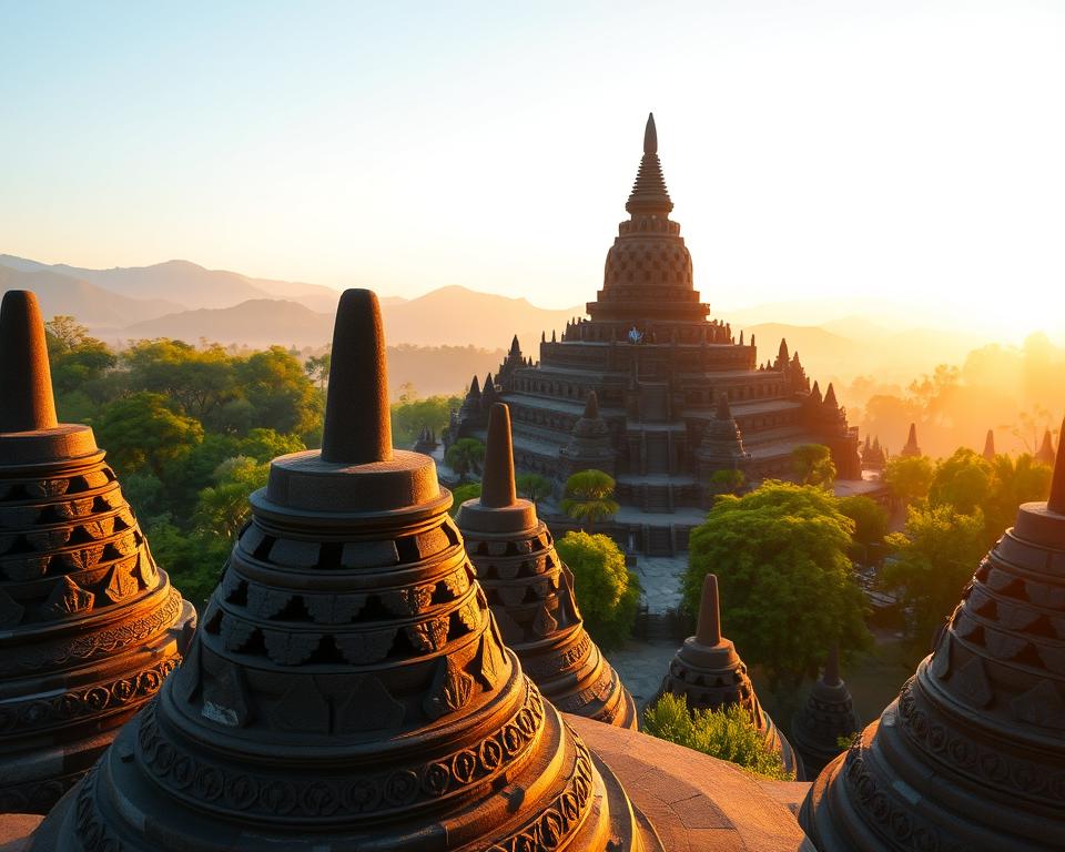 A majestic view of Borobudur Temple, a UNESCO World Heritage site in Java, Indonesia, set against a vibrant sunrise that casts warm golden hues over the stone structures. The foreground features intricately carved stupas adorned with detailed reliefs, reflecting the rich cultural significance of the monument. In the middle, the temple's multiple tiers rise elegantly, with lush green foliage framing the sides, adding life to the ancient stones. The background showcases distant hills gently shrouded in mist, enhancing the serene atmosphere of the scene. Use a wide-angle lens to capture the grandeur and depth of the temple, with soft, diffused lighting to evoke a sense of peace and reverence. The overall mood is tranquil and awe-inspiring, highlighting the cultural importance of Borobudur as a spiritual and architectural masterpiece.