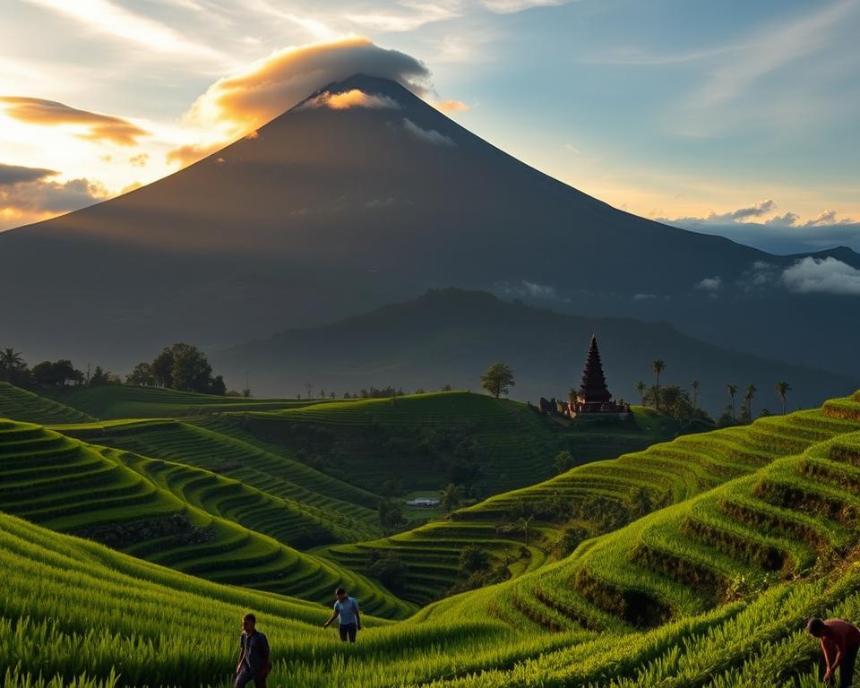 A majestic view of Mount Agung, the highest volcano in Bali, dominating the background with its distinctive conical shape, partially shrouded in wispy clouds. In the foreground, lush green rice terraces cascade down the hillsides, dotted with traditional Balinese farmers in modest clothing tending to their crops. The middle ground features a serene temple silhouette, illuminated by the warm golden light of the setting sun, casting a tranquil glow across the landscape. The atmosphere is peaceful yet awe-inspiring, evoking a sense of history and spirituality associated with this iconic mountain. Capture this scene from a slightly elevated angle, with a wide lens to emphasize the grandeur of Mount Agung against the vibrant Bali scenery.