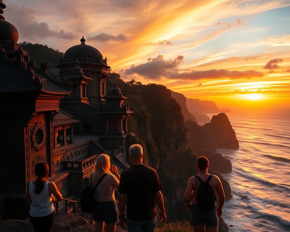 A majestic view of Uluwatu Temple perched on a dramatic cliff overlooking the Indian Ocean at sunset. In the foreground, intricate Balinese architecture of the temple with ornate carvings and decorative stonework captures the eye. The middle ground presents visitors in modest casual clothing, admiring the breathtaking scenery, their silhouettes subtly highlighted by the golden hues of the setting sun. The background features waves crashing against steep cliffs, with vibrant colors in the sky transitioning from deep orange to soft purple. The scene is illuminated by warm, natural lighting, creating a serene and contemplative atmosphere. The angle is slightly elevated, showcasing the temple's grandeur against the vast ocean horizon, evoking a sense of history and spirituality.