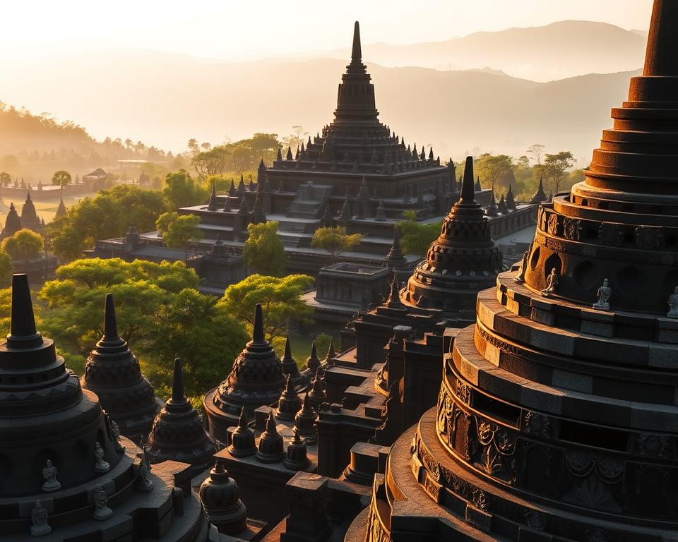 A majestic view of the Borobudur Temple, an ancient Buddhist monument in Indonesia, captured during the golden hour, casting a warm glow on the intricate stone carvings and stupas. In the foreground, detailed depictions of the temple’s elaborate reliefs showcasing historical narratives and serene Buddha statues. The middle ground features ascending tiers of terraced platforms, with lush green trees dotting the landscape, enhancing the atmosphere of tranquility. In the background, a soft mist hovers over surrounding mountains, evoking a sense of mystery and history. The angle should be slightly elevated, giving a sweeping view of the temple while allowing the intricate details to shine. The overall mood is peaceful and reverent, inviting viewers to contemplate the rich history of Borobudur.