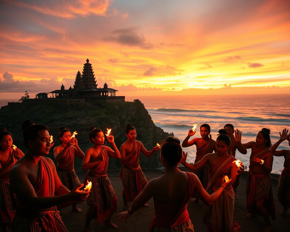 A mesmerizing scene of the Kecak Fire Dance at Uluwatu Temple in Bali, illustrating a group of performers in traditional Balinese attire, showcasing their intricate hand movements and expressive faces. In the foreground, the performers are engaged in the dance, surrounded by flickering flames that illuminate their focused expressions. The middle ground features the iconic Uluwatu Temple with its dramatic cliffside setting, against a backdrop of a vibrant sunset sky filled with shades of orange, pink, and purple. The background highlights the vast Indian Ocean with waves crashing against the rocks. The image should convey an intense atmosphere of cultural richness and spiritual energy, captured with a warm, soft light to evoke a magical evening ambiance. Use a wide-angle lens to encompass the entire scene, emphasizing both the dancers and the breathtaking landscape.