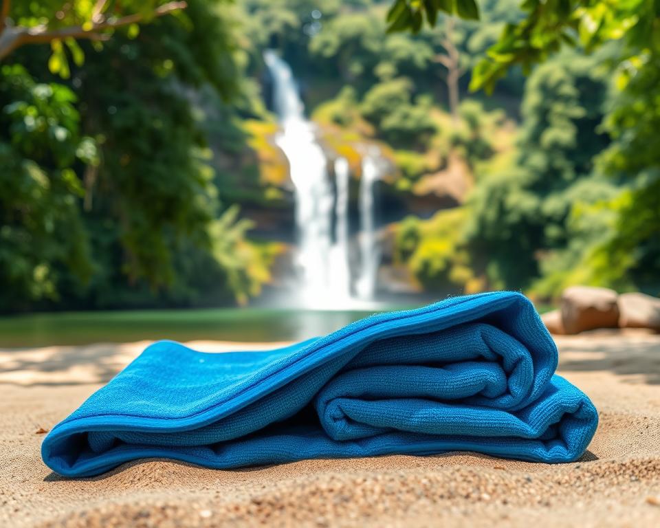 A neatly folded, vibrant blue beach towel sits prominently in the foreground, showcasing its soft texture and intricate patterns. The towel is spread on a sandy surface, with a few drops of fresh water glistening on it, suggesting recent use. In the middle ground, a serene view of Sekumpul Waterfall cascades down lush green cliffs, adding a majestic backdrop that reflects the beauty of nature. The sunlight filters through the surrounding foliage, creating dappled lighting that enhances the tranquil atmosphere. The mood is peaceful and inviting, perfect for relaxation. The angle captures the towel with a slight tilt, providing depth to the composition. No text or additional elements included, ensuring focus on the subject.