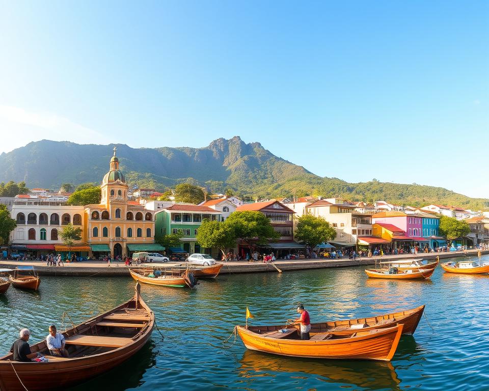 A panoramic view of Ambon City, showcasing its vibrant architecture and lush greenery typical of the Maluku Islands. In the foreground, traditional wooden boats are anchored along a serene waterfront, with locals dressed in modest casual clothing engaging in daily activities. The middle ground features colorful colonial buildings and bustling markets, highlighting Ambon's cultural richness. In the background, the mountainous landscape rises beneath a clear, azure sky. Soft, golden sunlight bathes the scene, creating a warm and inviting atmosphere. Capture the image from a slightly elevated angle to emphasize the city's layout, providing depth and perspective. Focus on intricate details in the architecture and the vibrant colors of the landscape for a striking visual representation of Ambon as a cultural hub.