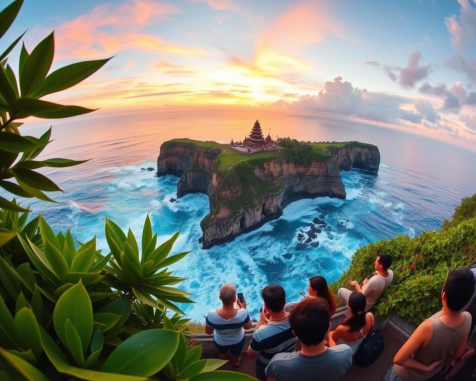 A panoramic view of Uluwatu Temple, perched on a dramatic cliff overlooking the turquoise ocean waves crashing against the rocky shore. In the foreground, vibrant green tropical foliage frames the temple, with people in modest casual clothing admiring the breathtaking scenery. The middle ground features the iconic temple structure, showcasing its traditional Balinese architecture with intricate carvings and thatched roofs. In the background, a stunning sunset bathes the sky in warm hues of orange, pink, and purple, reflecting on the water. Capture the scene with a wide-angle lens, emphasizing the height of the cliff and the grandeur of the temple. The mood is serene and magical, inviting viewers to explore the cultural significance of this stunning landmark.