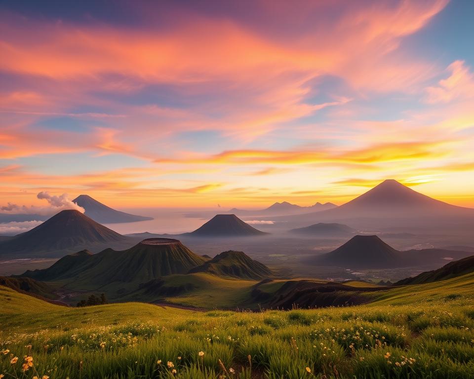 A panoramic view of famous Indonesian volcanoes, showcasing Mount Bromo, Mount Merapi, and Mount Rinjani. In the foreground, lush green fields with patches of wildflowers glow under the soft morning light. The middle ground features the majestic volcanoes, their peaks partially veiled by wispy clouds, with smoke gently rising from some. The background displays a vibrant sunset sky, blending warm oranges, pinks, and deep purples, casting a warm glow over the landscape. Capture the volcanic craters with detailed textures, emphasizing the rugged terrain. Use a wide-angle lens effect to enhance the grandeur of the scene. Atmosphere is serene and awe-inspiring, evoking a sense of adventure and natural beauty. No text or watermarks included. A panoramic view of famous Indonesian volcanoes, showcasing Mount Bromo, Mount Merapi, and Mount Rinjani. In the foreground, lush green fields with patches of wildflowers glow under the soft morning light. The middle ground features the majestic volcanoes, their peaks partially veiled by wispy clouds, with smoke gently rising from some. The background displays a vibrant sunset sky, blending warm oranges, pinks, and deep purples, casting a warm glow over the landscape. Capture the volcanic craters with detailed textures, emphasizing the rugged terrain. Use a wide-angle lens effect to enhance the grandeur of the scene. Atmosphere is serene and awe-inspiring, evoking a sense of adventure and natural beauty. No text or watermarks included.