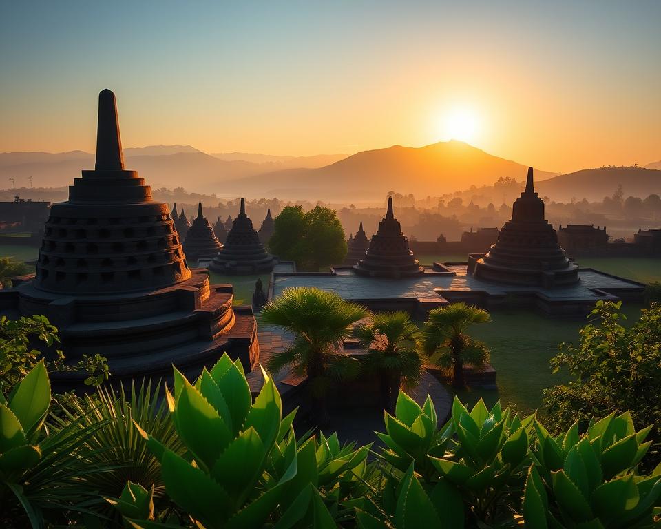 A panoramic view of the Borobudur Temple at sunrise, beautifully illuminated by soft golden light. In the foreground, a lush green landscape with vibrant tropical plants framing the intricate stone carvings of the temple. The middle ground showcases the towering stupas of Borobudur, each adorned with detailed reliefs, highlighting preservation efforts. In the background, misty hills create a tranquil atmosphere, enhancing the temple's spiritual presence. The image captures a serene moment, evoking a sense of wonder and reverence for the historical site. Use a wide-angle lens to encompass the grandeur of the temple and its surroundings, emphasizing the challenges of maintaining this UNESCO World Heritage site.