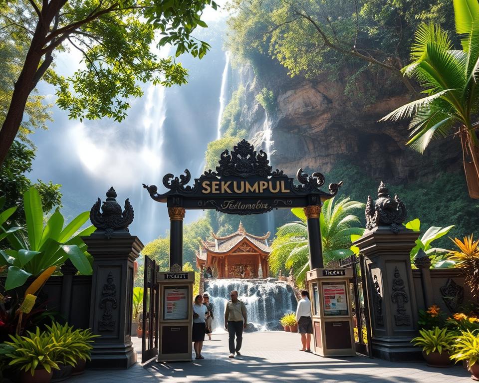 A picturesque and inviting entrance to Sekumpul, surrounded by lush greenery and vibrant tropical plants. In the foreground, detail the decorative gate adorned with traditional Balinese carvings, welcoming visitors. The middle ground showcases ticket booths with friendly staff in modest attire, ready to assist. In the background, majestic waterfalls cascading down rocky cliffs can be seen, partially shrouded by mist. The scene is illuminated by soft, natural sunlight filtering through the canopy, creating a warm and inviting atmosphere. Use a wide-angle lens to capture the expansive beauty of the entrance and its surroundings, emphasizing the tranquility and charm of the location. The overall mood is serene and welcoming, perfect for an adventurous yet relaxed exploration.