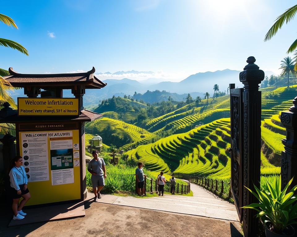 A picturesque entrance to Jatiluwih, Bali, showcasing lush rice terraces cascading down the hills, vibrant green against the bright blue sky. In the foreground, a traditional Balinese gate adorned with intricate carvings invites visitors. To the left, a welcoming information booth with clear signage about entry fees and hours of operation, staffed by friendly personnel in modest casual clothing. The middle ground reveals winding pathways lined with tropical plants, leading to the iconic terraced fields. In the background, distant mountains rise softly, shrouded in a gentle morning mist. Soft, warm sunlight filters through, creating a serene, inviting atmosphere that captures the beauty and tranquility of Jatiluwih. The composition is captured with a wide-angle lens, emphasizing the expansive landscape and depth, perfect for conveying the allure of this UNESCO World Heritage site.