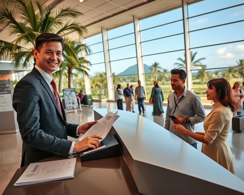 A picturesque scene capturing the essence of travel regulations for Bali, set in a tropical airport setting. In the foreground, a friendly, professional travel agent in formal business attire is assisting a couple at a sleek check-in counter, showcasing printed travel documents and health guidelines. In the middle, a modern airport terminal filled with palm trees, informational posters about entry requirements, and travelers dressed in modest casual clothing. In the background, large windows reveal an inviting view of Bali's lush landscape and a clear blue sky. Soft, natural lighting enhances the warm atmosphere, inviting viewers to feel at ease about their travel arrangements. The composition aims for a harmonious blend of professionalism and tropical allure, emphasizing a smooth entry experience into Bali.
