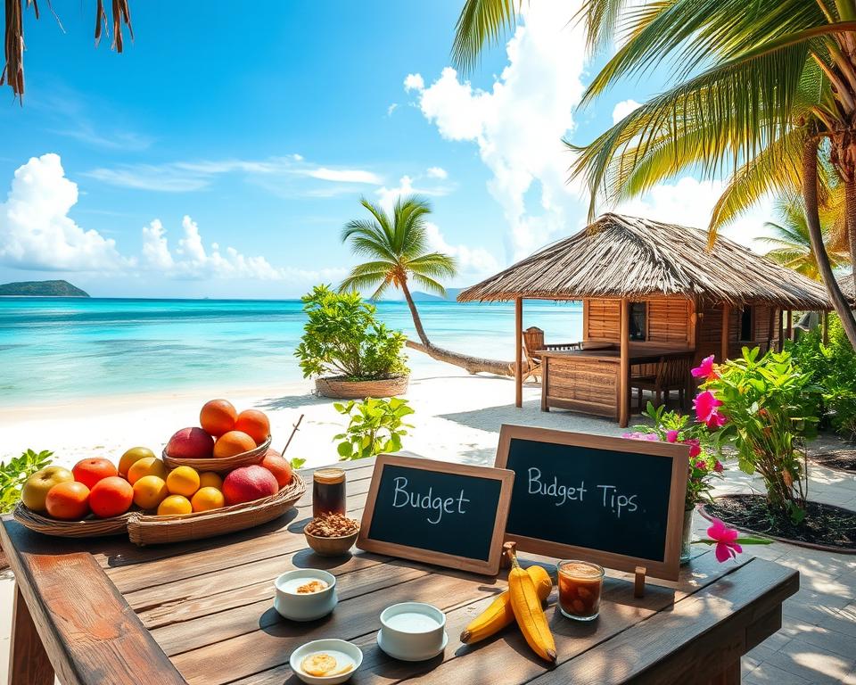 A picturesque scene of Gili Asahan, capturing the essence of budget travel. In the foreground, a rustic wooden table displays a colorful array of local fruits, traditional snacks, and a small chalkboard with "Budget Tips" written on it in chalk. In the middle ground, a modest beach bungalow made from bamboo and palm leaves stands, surrounded by lush greenery and vibrant tropical flowers. In the background, crystal-clear turquoise waters gently lapping at a pristine white sandy beach under a bright blue sky with fluffy clouds. Soft, warm sunlight illuminates the scene, creating a cheerful and inviting atmosphere. The camera angle is a slight elevation, focusing on the harmony between the natural beauty and budget-friendly elements.