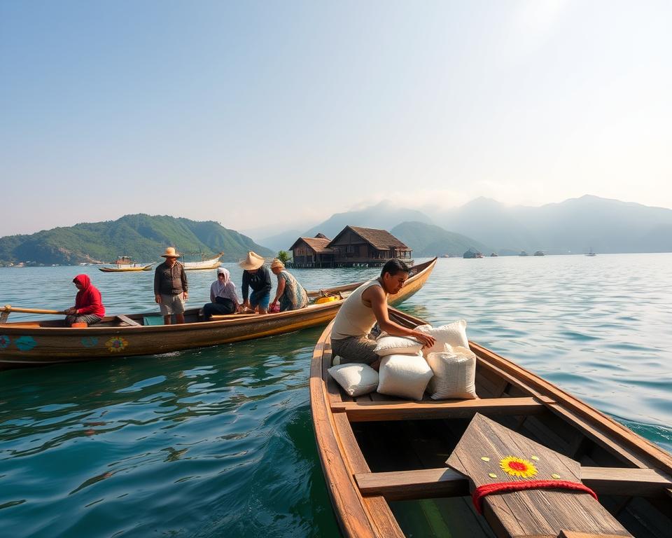 A picturesque scene of Toba Lake in Sumatra, focusing on local transportation methods. In the foreground, a traditional wooden boat with vibrant decorations is gently gliding across the clear blue waters. Nearby, a group of locals wearing modest casual clothing, engaged in friendly conversation while loading supplies onto the boat. In the middle ground, the lush green hills and unique Batak architecture are visible, showcasing the rich culture of the area. The background features misty mountains reigning over the serene lake, reflecting the warm glow of the midday sun. The mood is inviting and serene, emphasizing the beauty of local mobility around Toba Lake. Use a wide-angle lens to capture the expansive landscape and tranquil atmosphere.