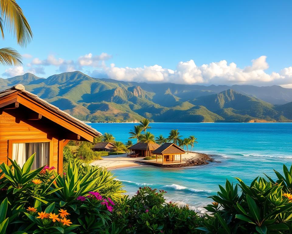 A picturesque scene showcasing various accommodations on Flores Island, Indonesia. In the foreground, a charming wooden bungalow with thatched roofing blends into lush tropical greenery, surrounded by colorful flowers. In the middle ground, a small beachfront resort with cozy cottages and comfortable outdoor seating faces the serene turquoise waters of the ocean. Gentle waves lap at the shore, conveying a sense of tranquility. The background features the majestic hills and mountains of Flores, draped in dense vegetation under a clear blue sky with soft, fluffy clouds. The lighting is warm and inviting, reminiscent of a late afternoon. The atmosphere evokes a sense of relaxation and adventure, perfect for travelers seeking various lodging options, from budget to luxury. The composition captures the vibrancy and natural beauty of this Indonesian paradise.