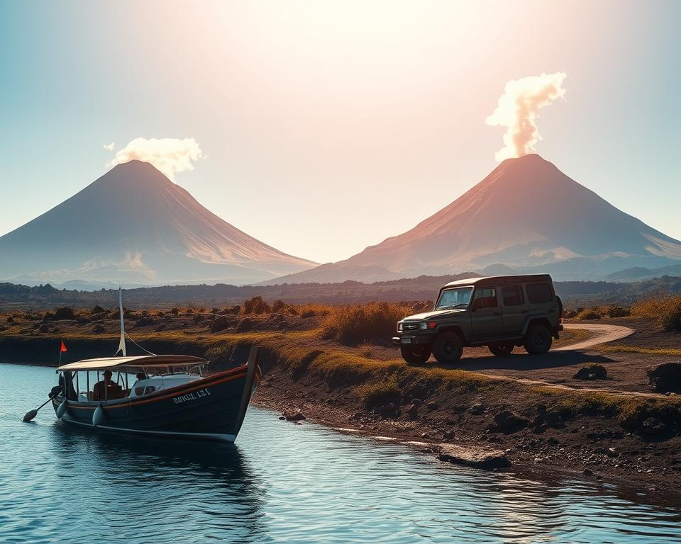 A picturesque scene showcasing various modes of transport in Indonesia leading to majestic volcanoes. In the foreground, an elegantly designed traditional Indonesian boat, adorned with vibrant colors, is anchored by a tranquil lake. In the middle ground, a rugged off-road vehicle is parked near a winding path, inviting adventurous travelers. In the background, grand, towering volcanoes rise against a clear blue sky, with wisps of steam gently rising from their peaks. Soft, warm sunlight filters through, casting golden hues over the landscape, evoking a sense of exploration and wonder. The overall mood is serene yet adventurous, embodying the spirit of discovery in Indonesia's rich natural beauty. A picturesque scene showcasing various modes of transport in Indonesia leading to majestic volcanoes. In the foreground, an elegantly designed traditional Indonesian boat, adorned with vibrant colors, is anchored by a tranquil lake. In the middle ground, a rugged off-road vehicle is parked near a winding path, inviting adventurous travelers. In the background, grand, towering volcanoes rise against a clear blue sky, with wisps of steam gently rising from their peaks. Soft, warm sunlight filters through, casting golden hues over the landscape, evoking a sense of exploration and wonder. The overall mood is serene yet adventurous, embodying the spirit of discovery in Indonesia's rich natural beauty.