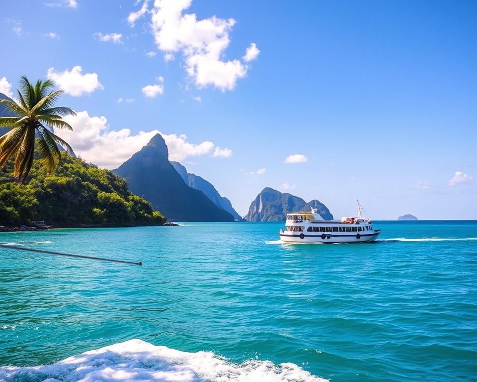 A picturesque view along the route from Padang Bai to Senggigi, featuring a serene seascape with turquoise waters gently lapping at the shore. In the foreground, a ferry glides smoothly through the calm sea, its hull reflecting the sunlight. On the left, lush greenery lines the coast, with palm trees swaying softly in a light breeze. The middle ground displays dramatic cliffs rising majestically against the blue sky, adorned with scattered clouds. In the background, distant islands are faintly visible on the horizon, hinting at adventure and travel. The lighting is warm and inviting, suggesting a late afternoon ambiance. The image captures a tranquil and vibrant atmosphere, symbolizing the journey between Bali and Lombok. A picturesque view along the route from Padang Bai to Senggigi, featuring a serene seascape with turquoise waters gently lapping at the shore. In the foreground, a ferry glides smoothly through the calm sea, its hull reflecting the sunlight. On the left, lush greenery lines the coast, with palm trees swaying softly in a light breeze. The middle ground displays dramatic cliffs rising majestically against the blue sky, adorned with scattered clouds. In the background, distant islands are faintly visible on the horizon, hinting at adventure and travel. The lighting is warm and inviting, suggesting a late afternoon ambiance. The image captures a tranquil and vibrant atmosphere, symbolizing the journey between Bali and Lombok.