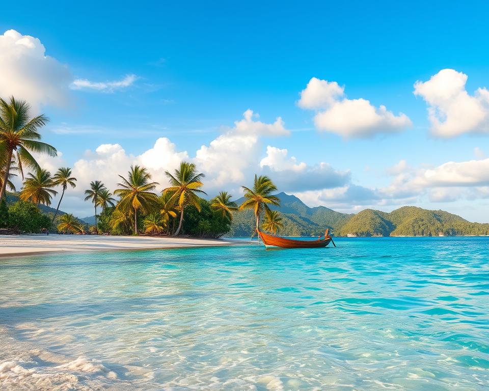 A picturesque view of Gili Asahan during the ideal travel season. In the foreground, vibrant turquoise waters gently lapping against soft white sandy beaches, dotted with lush green palm trees swaying slightly in a warm tropical breeze. In the middle ground, a small traditional wooden boat anchored, with a backdrop of vibrant coral reefs visible through the clear water. The sky is a brilliant blue with soft, fluffy clouds casting gentle shadows on the landscape. In the background, distant green hills rise majestically, bathed in the golden warm hues of late afternoon sunlight, suggesting serenity and relaxation. The atmosphere is inviting and tranquil, perfect for an island getaway. The lighting is soft and warm, enhancing the tropical paradise vibe.