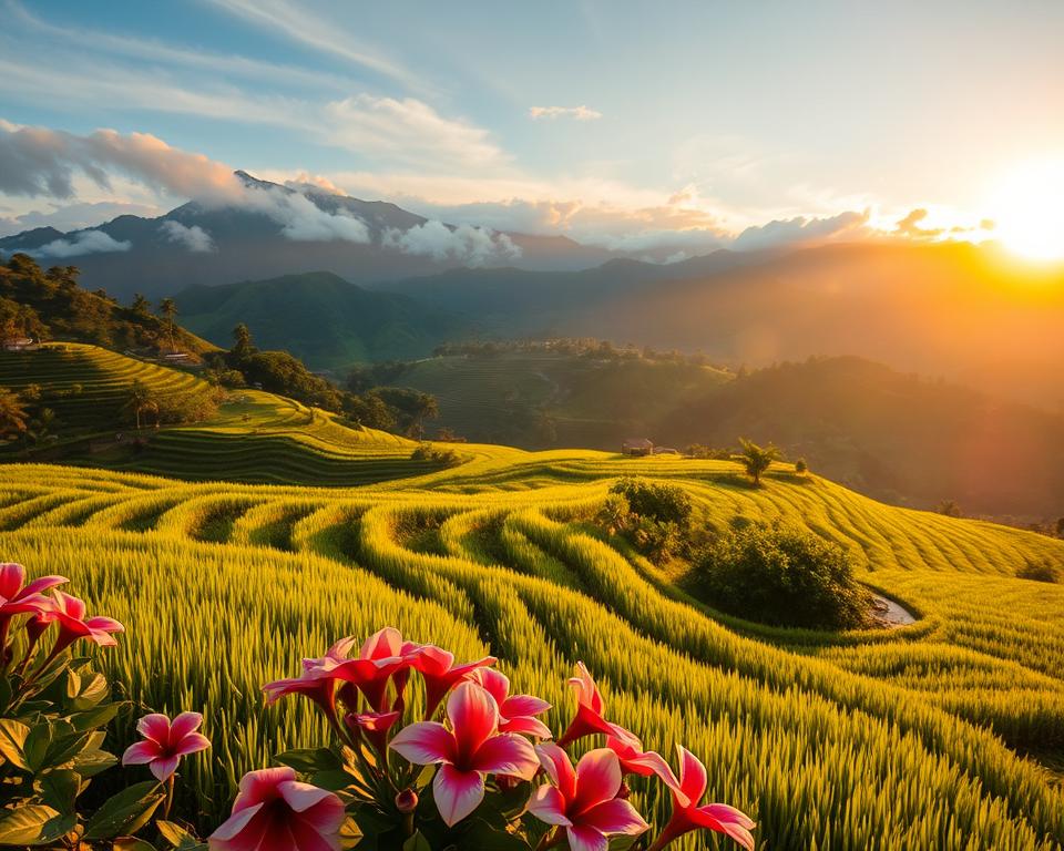 A picturesque view of Jatiluwih rice terraces in Bali during golden hour, showcasing lush green paddies cascading down the hills. In the foreground, vibrant tropical flowers bloom, adding splashes of color. In the middle ground, serene farmers in modest, casual attire are tending to the fields, emphasizing the harmony between nature and local culture. The background features dramatic, mist-covered mountains under a warm, radiant sky, highlighting the beauty of the Balinese landscape. Soft, diffused lighting casts gentle shadows, creating a tranquil and inviting atmosphere. The composition is framed using a wide-angle perspective to capture the expansive beauty of this UNESCO World Heritage site. The mood is peaceful and idyllic, perfect for illustrating the enchanting allure of Bali as part of a travel journey.