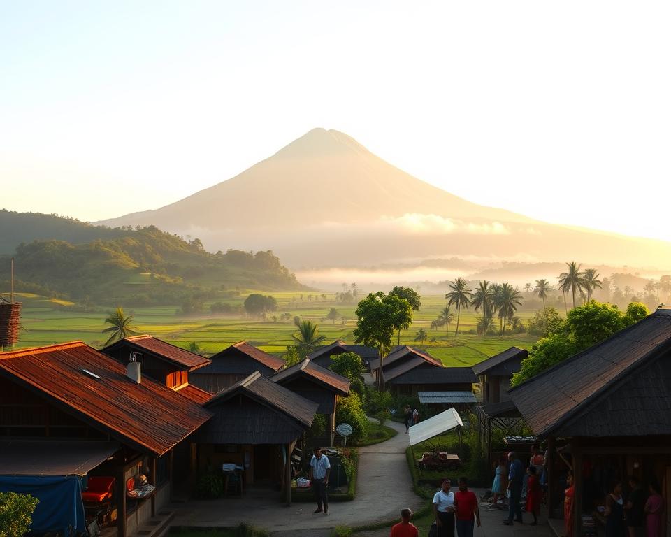 A picturesque view of Mount Agung, prominently rising in the background, surrounded by lush green valleys and traditional Balinese villages in the foreground. The villages feature thatched-roof houses, rice paddies, and colorful local markets bustling with families dressed in modest, casual attire. The morning sun casts a warm, golden light over the scene, enhancing the serene atmosphere and the vibrant colors of the landscape. Include gentle mist embracing the base of the mountain, adding mystique. Capture this in a panoramic shot with a wide-angle lens, focusing on the harmonious blend of nature and local life. The mood is peaceful and inviting, capturing the essence of community and the majestic presence of Mount Agung.