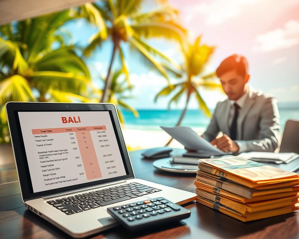 A professional and informative scene depicting the costs associated with obtaining a Bali visa. In the foreground, a neatly arranged desk features an open laptop displaying a detailed breakdown of visa fees, a calculator, and stacks of currency notes highlighting the different payment options. In the middle ground, a focused individual, dressed in modest business attire, engages in paperwork related to the visa application. The background showcases a soft-focus view of a tropical Bali landscape—lush green palm trees and a serene beach under a bright blue sky, evoking a sense of paradise. The lighting is warm and inviting, suggesting a sunny day, with a balanced composition that draws attention to the visa application process while subtly emphasizing the beauty of Bali.