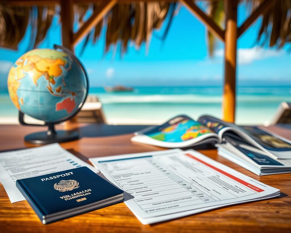 A professional and informative scene depicting the essential travel documents for Indonesia. In the foreground, a neatly arranged travel checklist featuring a passport, visa application forms, and a boarding pass laid out on a wooden desk. In the middle ground, a softly focused globe showing Indonesia highlighted, complemented by a travel guide book. The background features a serene beach vista of Gili Asahan, with clear blue skies and gentle waves, evoking a sense of adventure and tranquility. The lighting is bright and natural, enhancing the vibrant colors of the scene, shot from a slight overhead angle that captures the essence of preparing for an island getaway. The overall mood is welcoming and inspiring, inviting viewers to explore Indonesia's entry requirements.