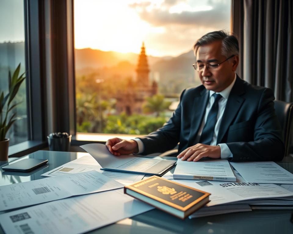 A professional setting depicting a business visa application process for Bali. In the foreground, a well-dressed business person, a middle-aged Asian man, is seated at a modern desk, reviewing visa documents with focused attention. The middle section showcases a neatly organized array of paperwork, including a passport and forms with official stamps. In the background, a large window reveals a picturesque view of Bali's lush greenery and a glimpse of a traditional Balinese temple, bathed in warm, golden light indicating a late afternoon. The overall atmosphere conveys professionalism and a sense of opportunity, with soft shadows and a slight depth of field to enhance focus on the subject. The image should have a clean and polished look, emphasizing clarity and purpose.