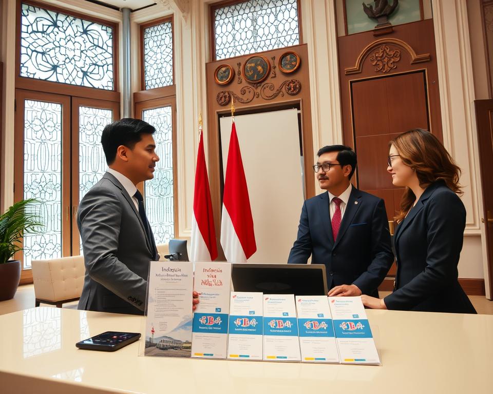 A professional setting depicting the Indonesian Embassy in Germany, focusing on the visa application process. In the foreground, a well-dressed individual (male and female) is engaged in conversation with a formal embassy staff member at a reception desk, highlighting a warm and welcoming atmosphere. The middle section features a neat display of informational brochures about Indonesian visas, alongside a flag of Indonesia prominently displayed. In the background, elegant architectural elements of the embassy, such as tall windows and decorative motifs, create a culturally rich ambiance. The lighting is bright and inviting, highlighting the professionalism of the setting, captured with a wide-angle lens to include both subjects and surroundings, evoking a sense of trust and efficiency in the visa application process.