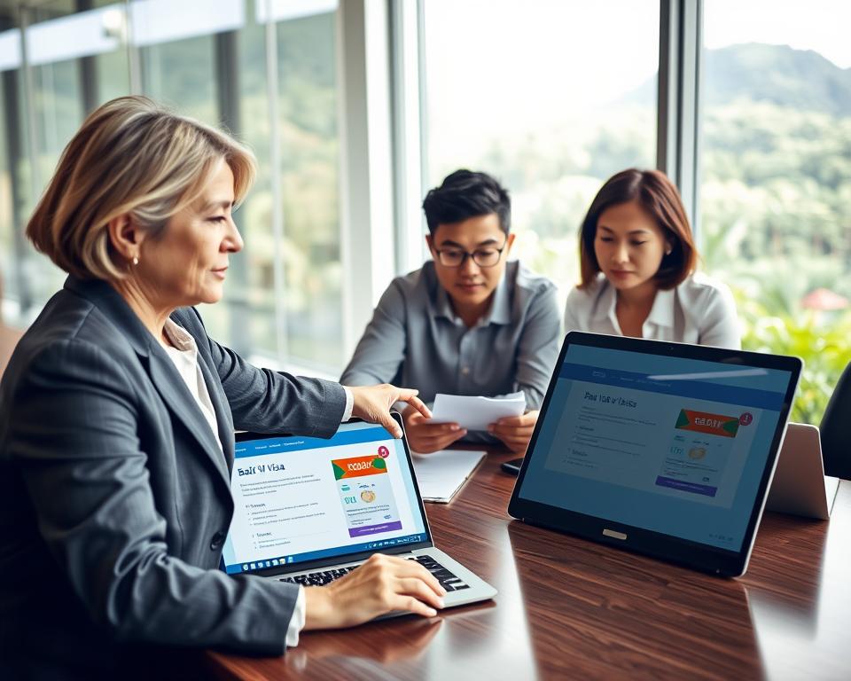 A professional setting featuring a diverse group of people seated around a conference table, engaged in a discussion about the steps to apply for a Bali visa. In the foreground, a middle-aged woman in professional attire points to an open laptop displaying a Bali visa application webpage. In the middle ground, a young man is taking notes on a notepad, while another colleague, a woman of Asian descent, is reviewing documents. The background has a large window with soft natural light coming in, showcasing a lush, tropical landscape typical of Bali. The scene conveys a sense of collaboration and focus, emphasizing the theme of an organized and straightforward visa application process.
