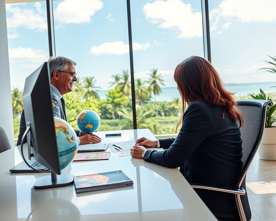 A professional visa intermediary working at a sleek, modern office desk, equipped with a computer and travel brochures about Bali visas. The foreground features the intermediary—a middle-aged individual dressed in business attire—focused on explaining visa options to a client seated across from them. In the middle ground, there are colorful documents and a globe, emphasizing international travel. The background showcases large windows with a bright, sunny view of a Bali-inspired landscape, including palm trees and blue skies, creating a sense of adventure and opportunity. Soft, natural lighting bathes the scene, conveying a warm and inviting atmosphere. The angle is slightly elevated, providing a clear view of the interaction and workspace, illustrating professionalism and trust in the visa application process.