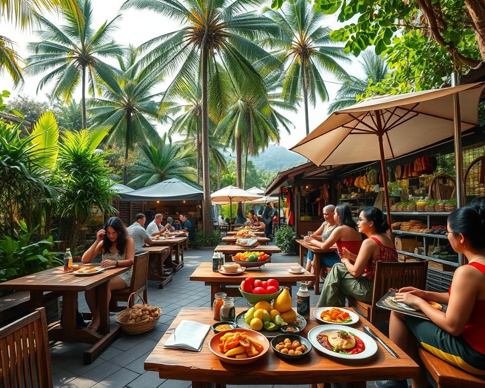 A quaint market scene set in a vibrant outdoor dining area surrounded by lush greenery, capturing the essence of gastronomy and shopping options. Foreground features rustic wooden tables with patrons enjoying delicious local dishes, adorned with colorful tropical fruits and traditional Balinese cuisine. Middle ground displays charming stalls offering handcrafted souvenirs, spices, and fresh produce under decorative umbrellas. In the background, tall palm trees sway gently in the sunlight, with hints of the Sangeh Monkey Forest peeking through. Soft, warm lighting casts a welcoming glow, enhancing the lively atmosphere. The perspective is slightly elevated, providing a panoramic view that captures both the dining experience and the bustling market vibe, all while maintaining a serene and inviting ambiance.