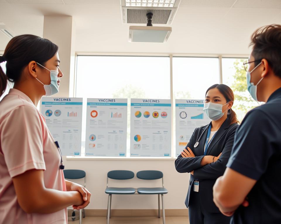 A scenic healthcare clinic setting in Indonesia showcasing a modern vaccination facility. In the foreground, a friendly healthcare worker in a professional business outfit is interacting with a patient, discussing vaccination options. In the middle, several informational posters on the walls illustrate different vaccines and their costs, with charts and icons. In the background, large windows allow natural light to flood in, illuminating the space and creating an inviting atmosphere. The scene conveys a sense of trust and professionalism, emphasizing the importance of vaccinations in public health. The lighting is bright but soft, giving a warm feel to the clinic environment, captured in a wide-angle view to encompass the entire space.
