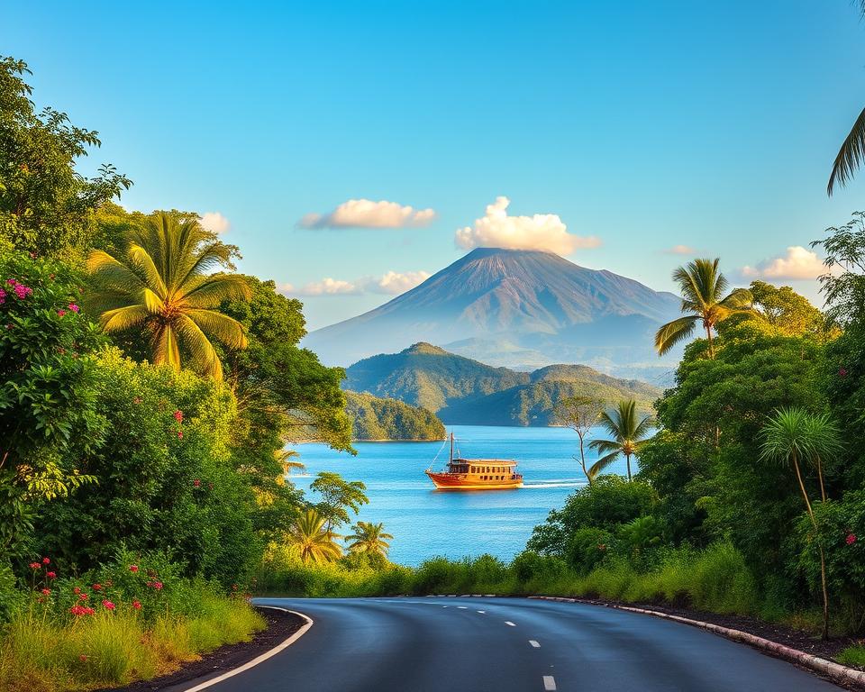 A scenic journey to Lake Toba in Sumatra, showcasing a lush, winding road through dense tropical forest in the foreground, dotted with vibrant local flowers. In the middle ground, a glimpse of a traditional wooden boat gliding across the serene blue waters of Lake Toba, framed by gentle rolling hills. In the background, majestic volcanic mountains rise under a clear blue sky with a few fluffy white clouds, illuminated by warm, golden sunlight, creating an inviting atmosphere. Capture the essence of travel with a perspective shot from the road, emphasizing the beauty of the natural landscape, inviting viewers to explore this picturesque destination.