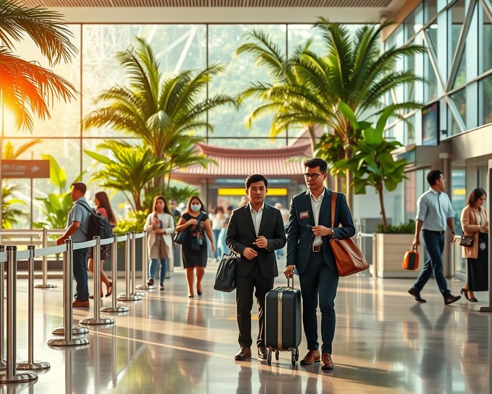 A scenic view highlighting the essence of Indonesian entry points, featuring a well-organized airport immigration area in the foreground. In the middle, travelers dressed in professional business attire are interacting with friendly border officials amidst tropical decor, showcasing Indonesia's welcoming atmosphere. The background displays lush greenery and traditional architecture reflecting Indonesia’s diverse cultural heritage. Soft, natural lighting filters in through large glass windows, creating a warm and inviting ambiance. The angle captures an inviting perspective, emphasizing a sense of adventure and security as travelers embark on their journey to explore the beautiful islands of Indonesia. The overall mood conveys a blend of excitement and professionalism, ensuring a safe and pleasant travel experience.